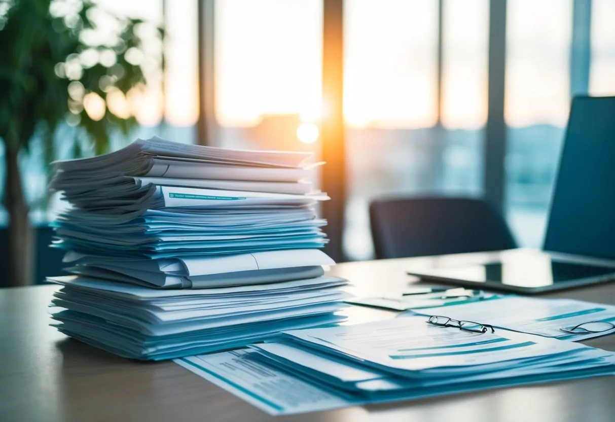 A stack of financial documents, including bank statements, tax returns, and loan agreements, laid out on a desk